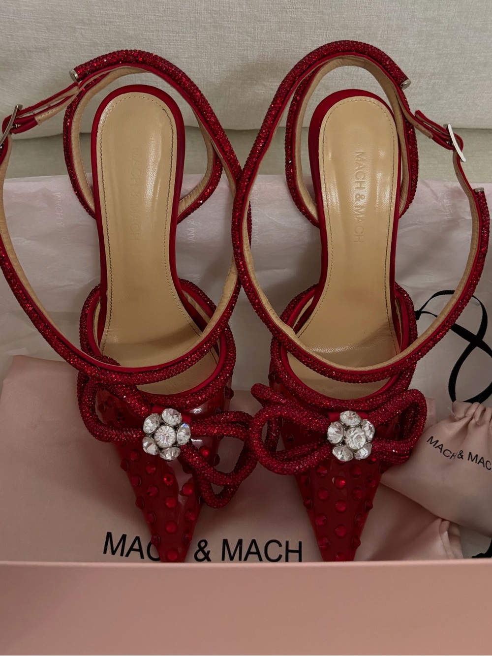 MACH & MACH Red Crystal Bow Stiletto Heels